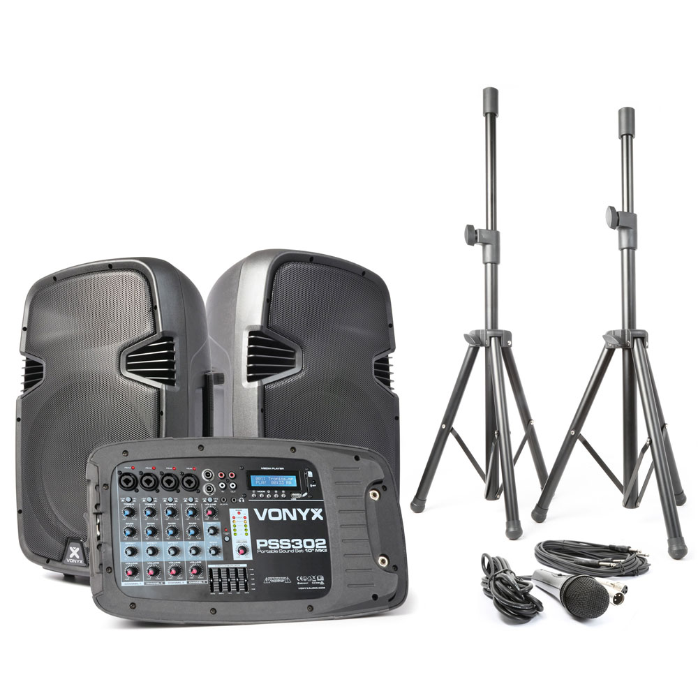 Vonyx PSS302 10″ Portable PA System with Mixer and Stands 300W