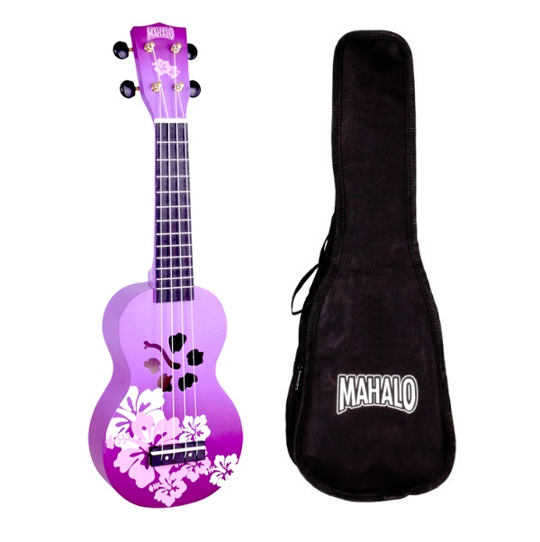 Mahalo Hibiscus Flower Print Purple Soprano Ukulele with Carry Bag