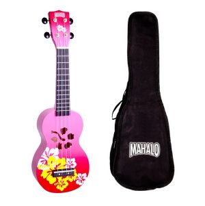 Mahalo Hibiscus Flower Print Red Soprano Ukulele with Carry Bag