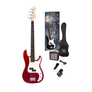 SX Electric Bass Guitar Pack PB Style w/15w Amp Red