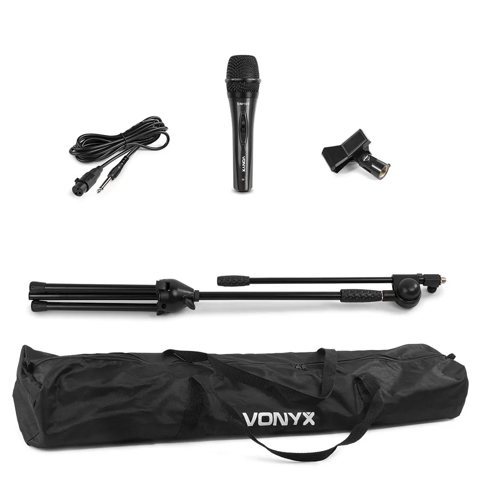 Vonyx Microphone Kit w/ Microphone, Mic Clip, Stand, XLR-Jack Cable Carry Bag