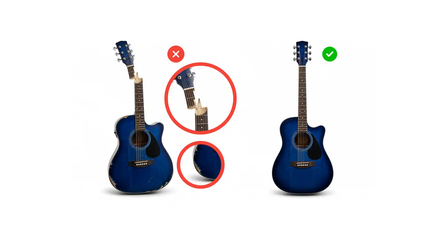 Right: clean guitar in original condition. Left: guitar showing visible damage and signs of misuse.